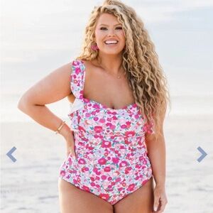 Chic Soul 3XL One Piece Swimsuit “Bahama Beauty” Pink Floral Plus Size Swim NWT